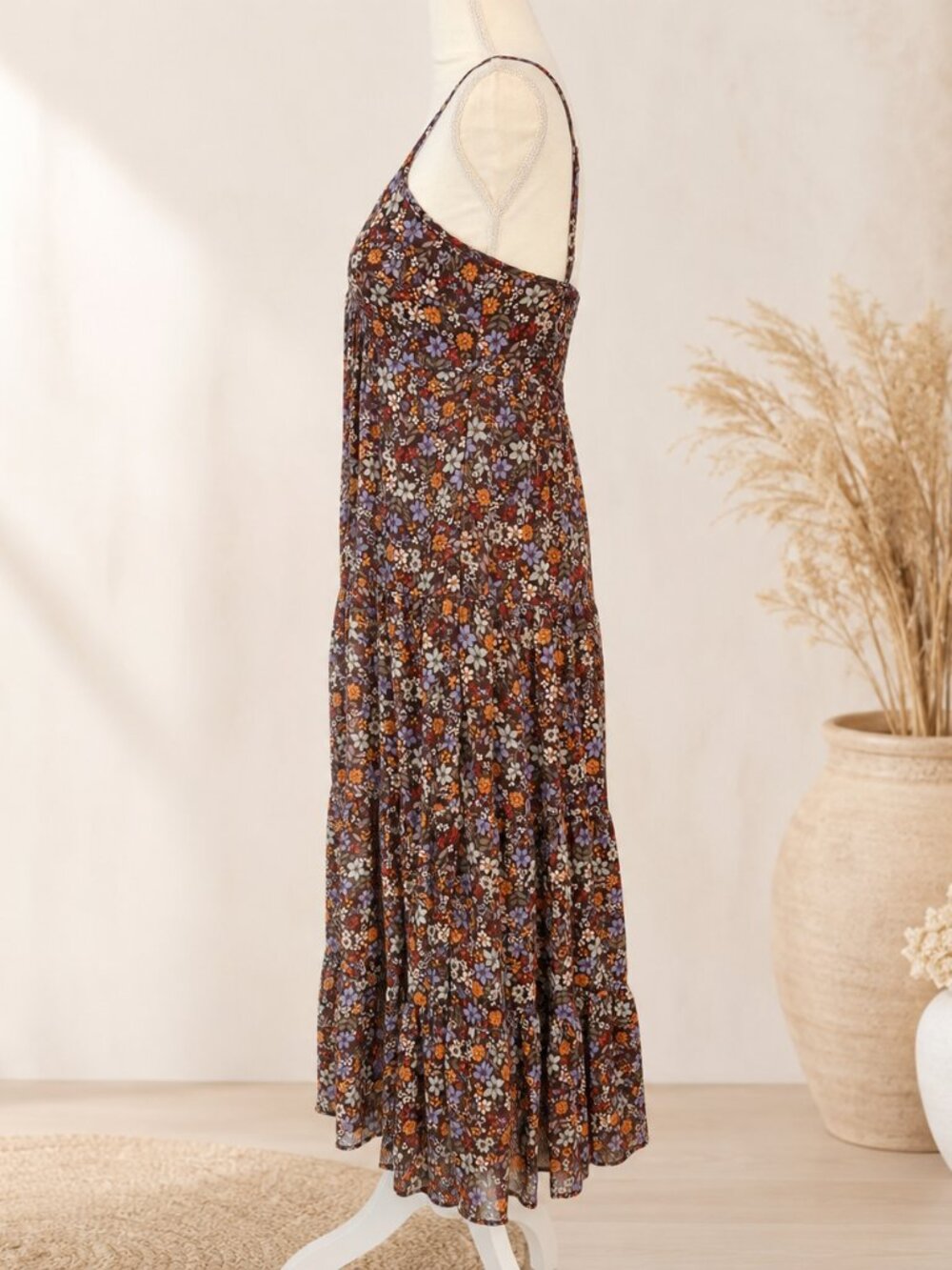 Crystal Doll Brown Floral Spaghetti Strap Maxi Dress XS - Picture 4 of 5